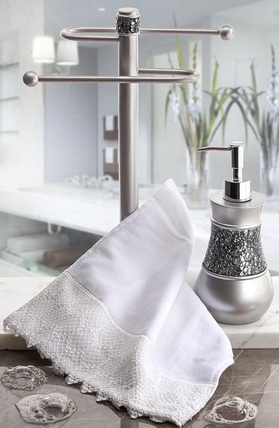 Crackled Glass Countertop Towel Stand, Decorative Unibody Silver Fingertip Towel Holder, Durable Resin Free Standing Towel Rack, for Elegant Counter Top Bathroom or Kitchen Decor