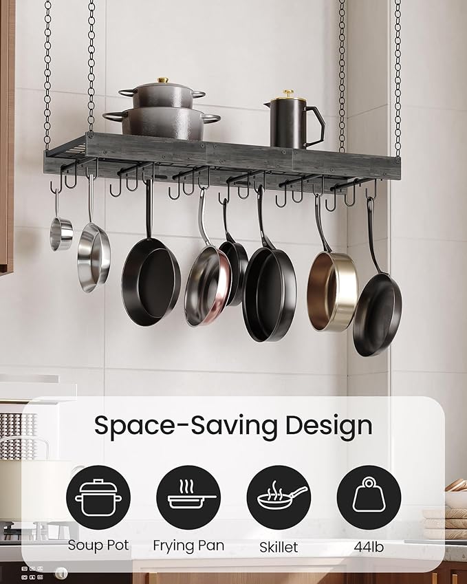 CHOEZON Hanging Pot Rack, 35.4" L x 13" W Ceiling Pot Hanger, Industrial Style Pot Rack, Wall Mounted Pot Hanger for Kitchen, Pot and Pan Hanging Rack, with Hooks, Charcoal Black and Black TPR12BCC1