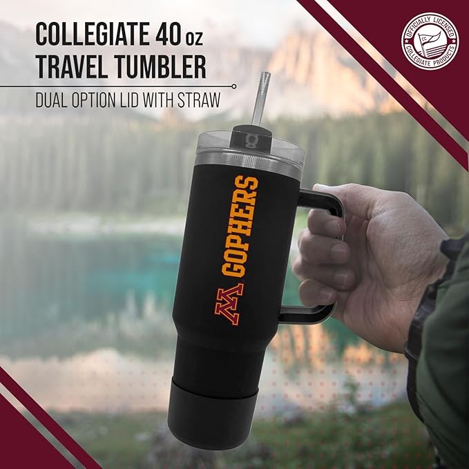 Campus Colors College & University 40 oz Travel Tumbler With Handle - Dual Option Lid With Straw - Vacuum Insulated Stainless Steel (Minnesota Golden Gophers - Black)