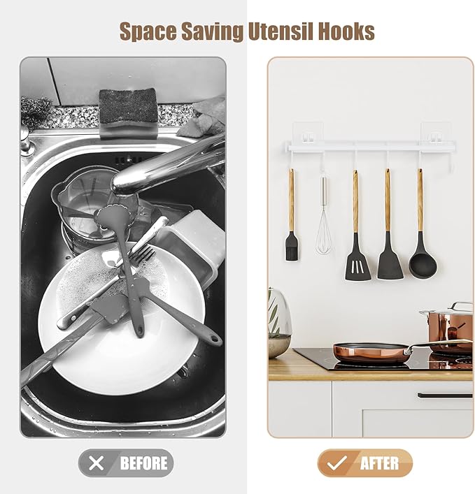 Kitchen Utensil Hanger, Adhesive Utensil Holder Wall Mount Kitchen Rack Rail with 12 Hooks, Space Saving and No Drilling, White, 2 Pcs