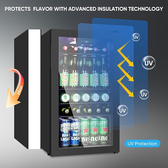 ORYMUSE 3.2 Cu.Ft Beverage Refrigerator, 130 Can Mini Fridge with Glass Door & Digital Temperature Control, Compressor Cooling Freestanding Cooler for Soda, Beer, Wine, Home, Office & Bar - Black
