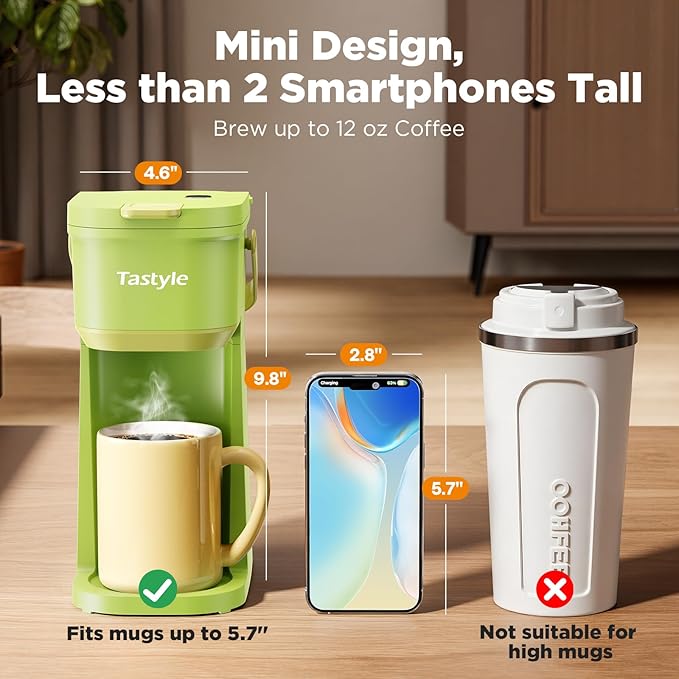 Tastyle Single Serve One Cup Coffee Maker, for K Cups and Grounds, Mini Coffee Maker with Portable Handle, 6 to 12 Oz Brew Size, for Travel, Camping, Office, RV and Dorm, 120V, Lime Green
