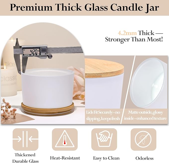 CONNOO 24oz Matte White Glass Candle Jars 6 Pack, Multi-Wick Wide Mouth Empty Bulk Candle Containers for Making Candles with Airtight Bamboo Lids, Sticky Warning Labels, Wick kit- Dishwasher Safe