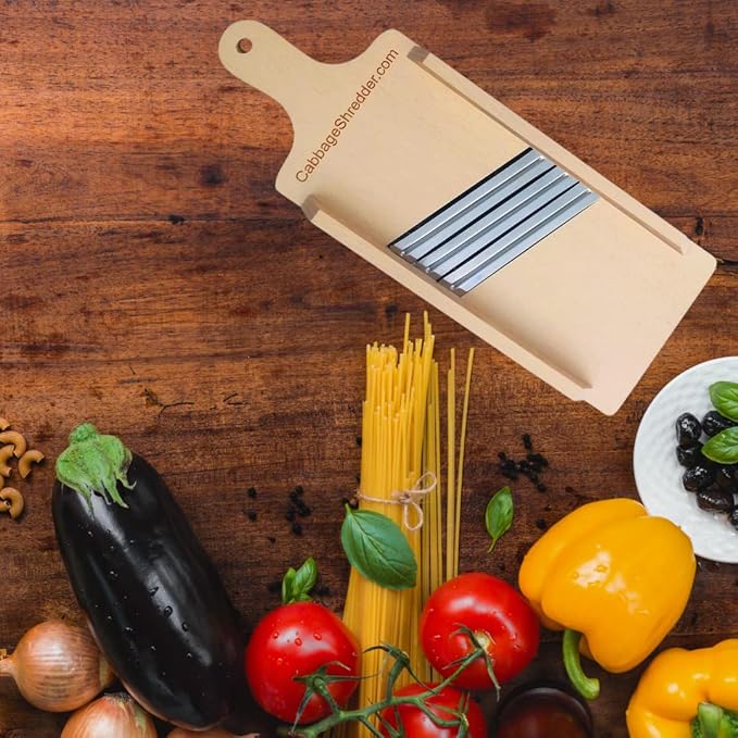 Wooden Cabbage Shredder, Vegetable Slicer for Food Preparation, Sauerkraut, Coleslaw, Salads. Pre-Oiled. Three Blades. A Cut Resistant Glove.