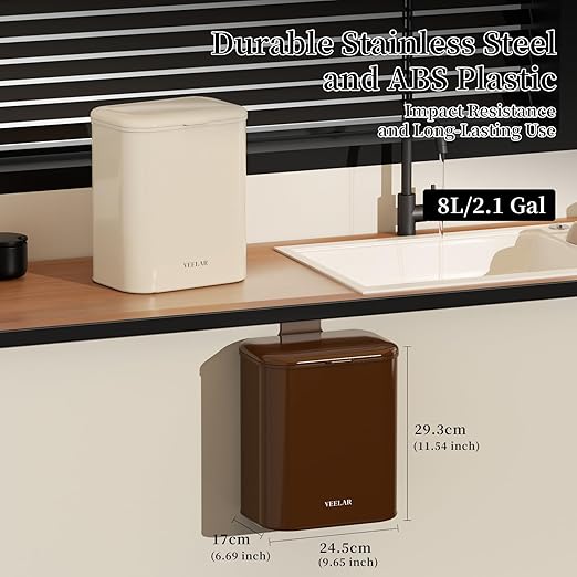 Space Saving Hanging Small Trash Can for Kitchen Cabinet, Bathroom or Office (White，2.1 Gallon (8L))
