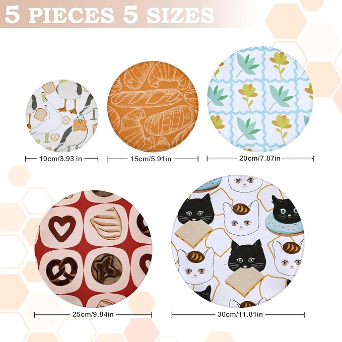 5-Size Reusable Beeswax Bowl Covers for Bread Proofing, Cotton Cloth Flexible Beeswax Wraps for Food Storage(Toast Cat)