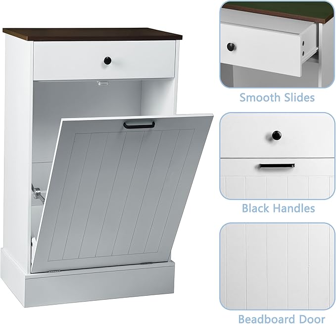 HRVEOCEI Single Tilt Out Trash Can Cabinet for 10 Gallon, Trash Can Holder Cabinet with Drawer, Farmhouse Garbage Cabinets for Kitchen Living Room, Easy to Clean (White)