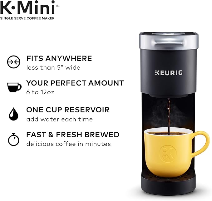 Keurig K-Mini Single Serve Coffee Maker, Black & Travel Mug Fits K-Cup Pod Coffee Maker, 1 Count (Pack of 1), Stainless Steel