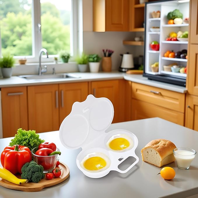 White Egg Poacher, Microwave Egg Boiler Poacher, 2 Cavity Nonstick Poached Egg Maker With Lid,Microwave Egg Cooker, Double Drain Poached Egg Cups Cookware,Specialty Cookware,Kitchen and Dining