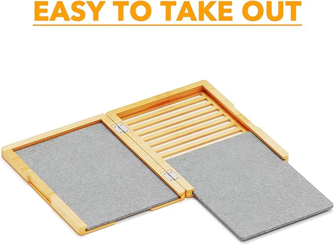 SpaceAid Foldable Stone Drying Mat for Kitchen Counter, Bamboo Rack Dish Pad, Instant Dry Diatomaceous Earth Mat Dishes, Stone Dish Fast Drying Mat Board (23.6 x 15.8 inch, Gray)