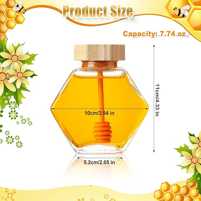 Sunnyray 20 Pcs Glass Honey Jars with Dipper Hexagonal Clear Glass Dispenser Small Honey Containers Bottle with Wooden Dipper and Cork Lid for Home Storage Kitchen (220 ml)