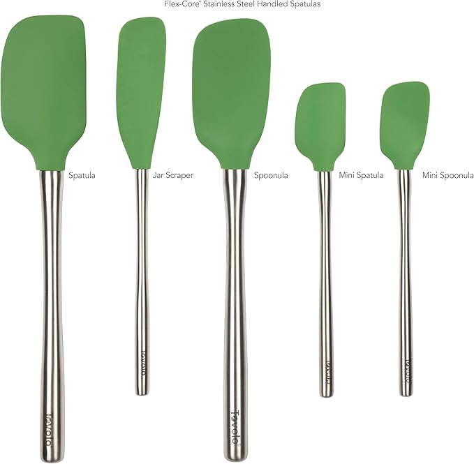 Tovolo Stainless Steel Handled Silicone Spatula Set of 5 Pesto Green, Dishwasher Safe Kitchen Spatula Set for Cooking Baking, Non Toxic BPA Free Silicone Spatula set with Metal Steel Handle