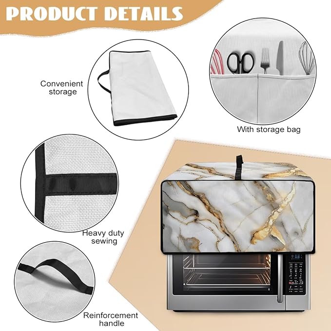 Toaster Oven Dust Cover with Storage Pockets, Protective Decorative Smart Oven Cover for for Kitchen Countertop, L, 18.5 x 22.5 x 13 inches, White Gold Gray Marble