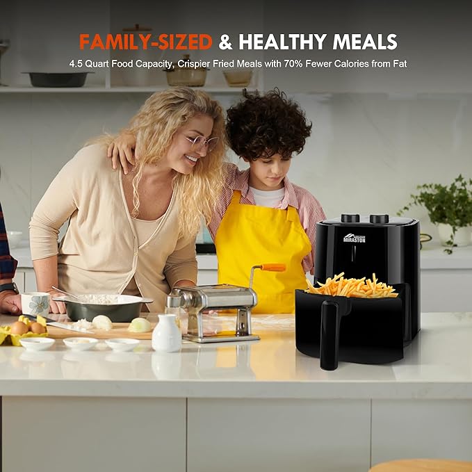 4.5QT Air Fryer, Classic Black Dials Control for Small Place Dorm Apartment Office, Easy Cooking for Breakfast, Dinner, Snacks, Nonstick Square Basket, Dishwasher Safe, Fit for 1-3 People