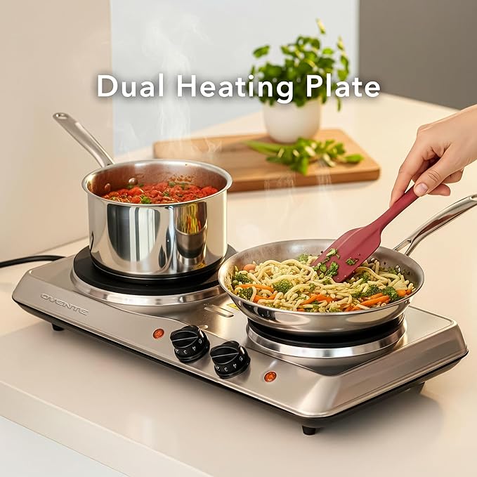 OVENTE Electric Countertop Double Burner, 1700W Cooktop with 7.25" and 6.10" Cast Iron Hot Plates, Temperature Control, Portable Cooking Stove and Easy to Clean Stainless Steel Base, Silver BGS102S
