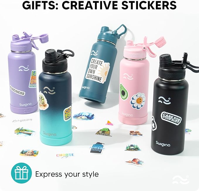 Swigina [2-IN-1 LID] Insulated Water Bottle with Silicone Boot (36hrs Cold/18hrs Hot) - DIY Stickers, Leakproof, BPA Free, 32 oz