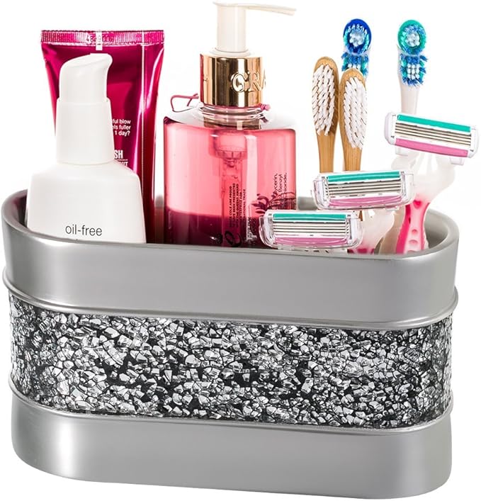 Creative Scents Crackled Glass Silver Toothbrush and Toothpaste Holder for Bathroom - Decorative Bathroom Counter Electric Toothbrush Organizer, 3 Slot, Makeup Brush Holder