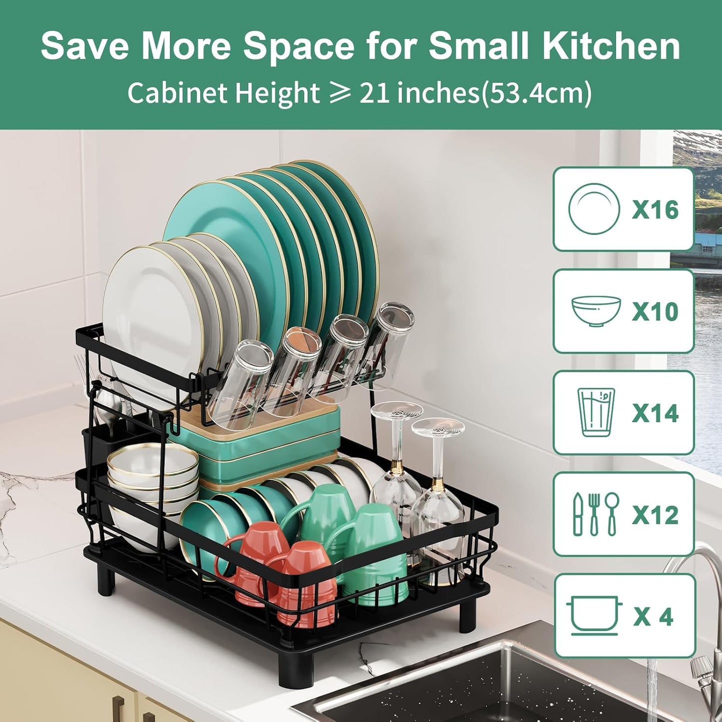 MOUKABAL Dish Drying Rack, 2 Tier Dish Rack, Large Dish Racks for Kitchen Counter, Dish Drainer with Removable Utensil Holder, Drainboard (Black)