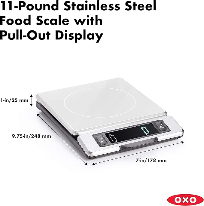 OXO Good Grips 11-Pound Stainless Steel Food Scale with Pull-Out Display & Good Grips 8 Piece Stainless Steel Measuring Cups and Spoons Set