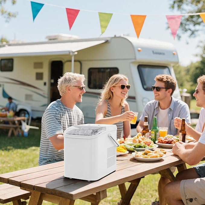 DUMOS Countertop Ice Maker with Handle, 26lbs/24H Portable Ice Machine, 9 Bullet Cubes Ready in 6 Mins, Self-Cleaning, Quiet Compact for Home, Kitchen, RV, Camping, Bright White