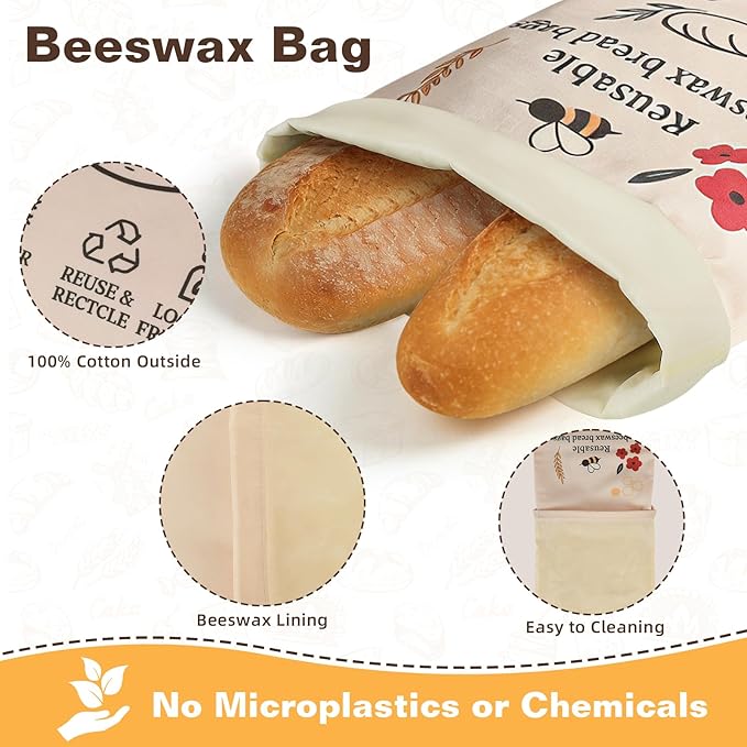 2 Pack XL Reusable Beeswax Bread Bags for Sourdough Baking, Organic Waxed Lined, Cotton Bread Bags for Homemade Bread, Food-Storage Bag to Keep Fresh