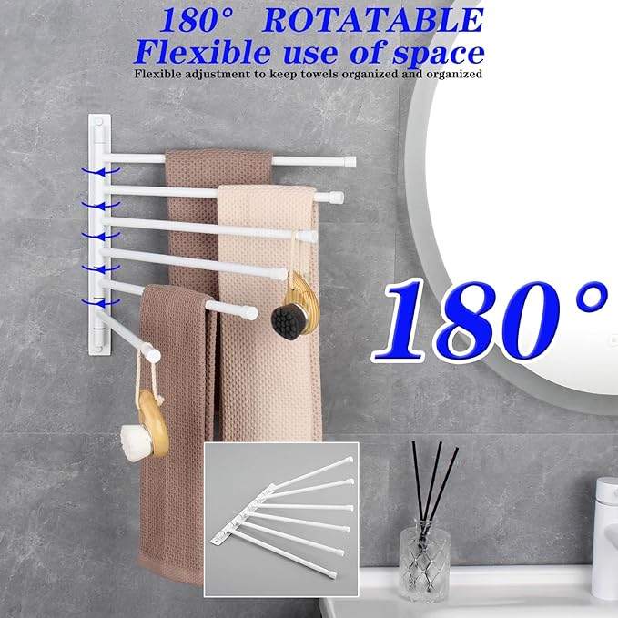 GERZWY Bathroom 6 Arms Swing Arm Towel Bars Wall Mount Bath Towel Rack Hanger Stainless Steel Towel Holder Organizer, White