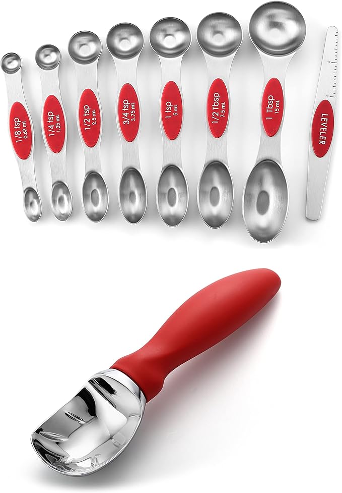Spring Chef Ice Cream Scoop and Magnetic Measuring Spoons Set Bundle - Red
