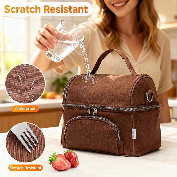 Lunch Box with Ice Packs, Waxed Canvas Lunch Bag for Men, 10.5L Leakproof Insulated Lunch Cooler for Men Work, Dual Compartment Soft Cooler for Work, Camping, Beach & Road Trips