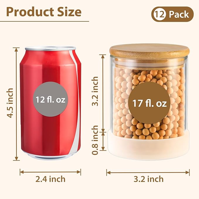 TBWIND 17oz Round Glass Storage Containers with Bamboo Lids – 12 Pack Small Airtight Clear Spice Jars for Pantry Organization, Kitchen Dry Food, Flour, Spice, Coffee Beans, Staples & Snacks