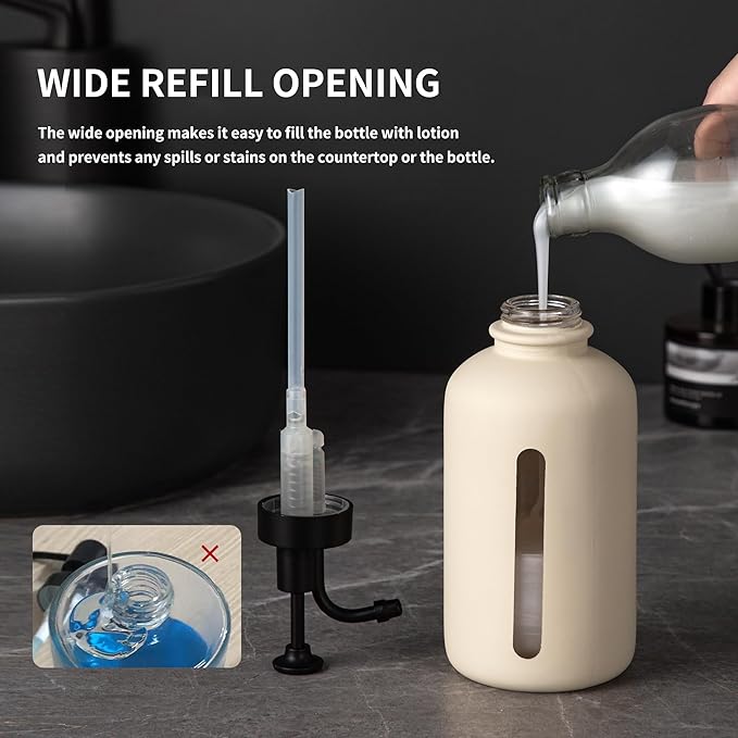Enra Glass Soap Dispenser with Window,17oz Beige Hand Soap Dispenser Stainless Steel Hand Pump,Liquid Soap Dispenser Countertop Lotion Bottle for Bathroom Kitchen(Liquid-Beige)