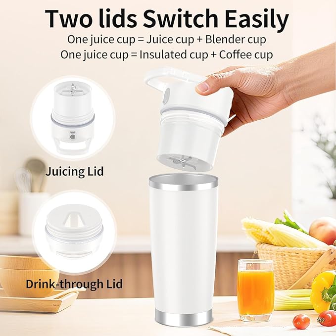 Portable Personal Blender 20oz Vacuum Cup Cordless Blende for 120 Watt Rechargeable Personal Size blender With Stainless Steel Bottle Ideal For-Shakes and Smoothies, BPA Free (White）