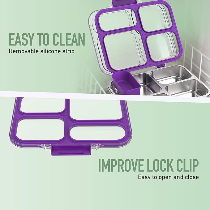 Stainless Steel Bento Box for Kids with Silicone Container, 4 Compartment Metal Lunch Box Kids Adults, Removable Silicone Seal & Clear Lid, Leak Proof Food Storage Container for Meal (Purple)