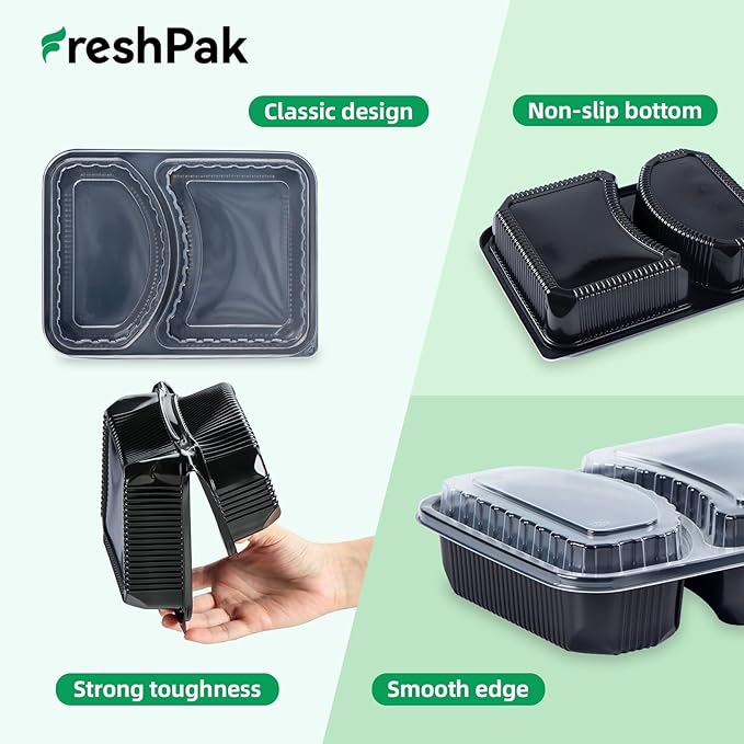 Takeout Containers Reusable 40 Pack 41oz - Shrink Wrap Leakproof | Portion Control Leftovers Plastic Container with Lid | BPA Free Freezer & Microwave Safe Meal Prep | 2 Compartment Lunch Box