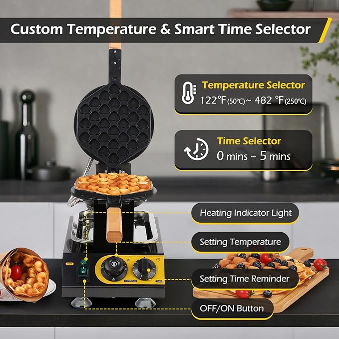 Dyna-Living Commercial Bubble Waffle Maker, 1400W Non-stick Egg Waffle Maker with Crumb Tray, 30 Egg Cones Heart Shape Hong Kong Style Bubble Waffle Machine, 180 Rotating