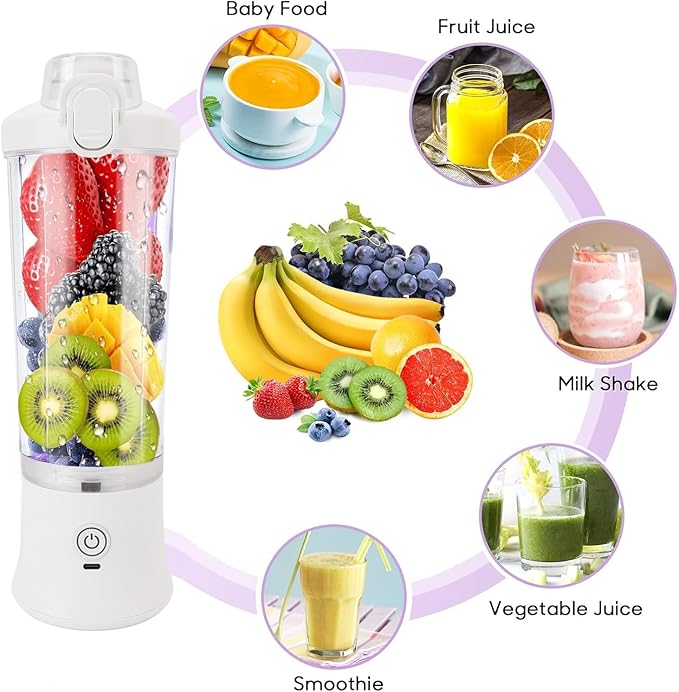 Portable Blender 600ml 18000RPM USB C Rechargeable Mini Juicer Cup with Stainless Steel Blades RGB Light for Travel Gym