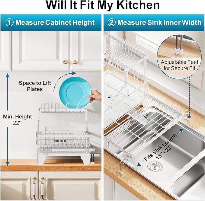 GSlife Large 2 Tier Dish Drying Rack, Expandable Heavy-Duty Dish Rack for Kitchen Counter, Rust-Resistant Dish Drainer with Utensil & Cup Holder, Auto-Drain, 16.9" W x 14.4"-22.4" L, White
