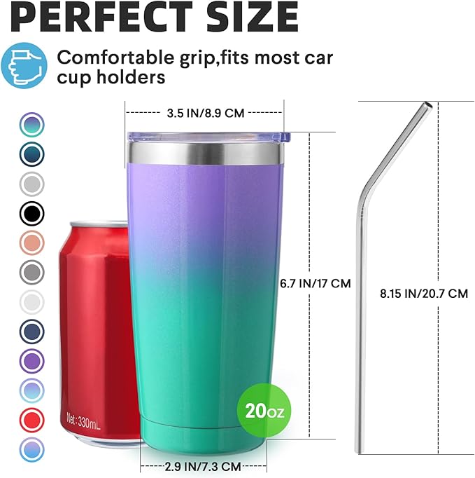 Volhoply 20oz Stainless Steel Tumbler with Lid and Straw Bulk 8 Pack,Double Wall Insulated Travel Iced Coffee Mug Fits Cup Holder,Powder Coated Cups for Cold Drinks,Christmas Gifts（Purple Green,8 Set）
