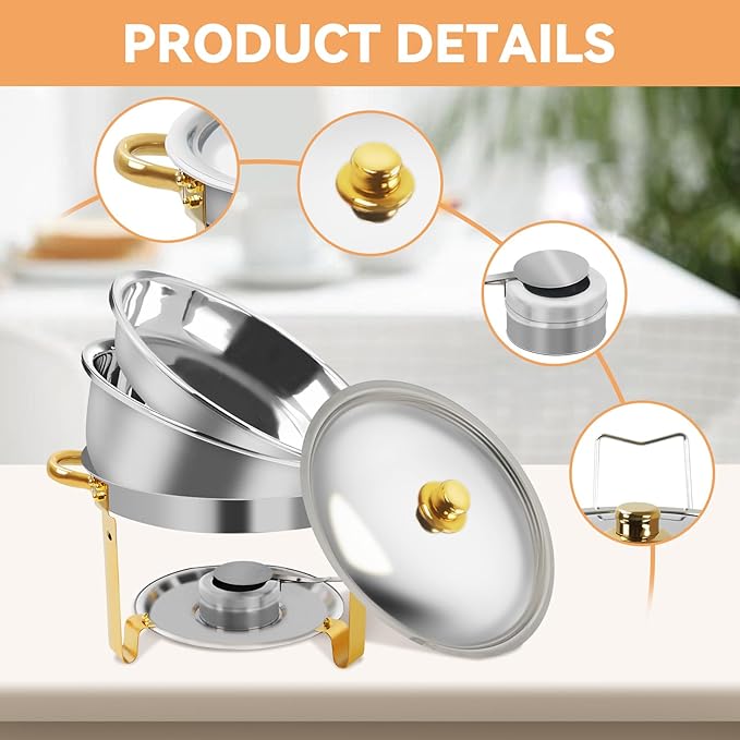 4.8 QT 4PC Chafing Dishes for Buffet with Lid, Round Chafing Dishes for Buffet, Catering Supplies Buffet Display, Serving Trays for Gatherings, Stainless Steel Food Wamer Server for Wedding (4)