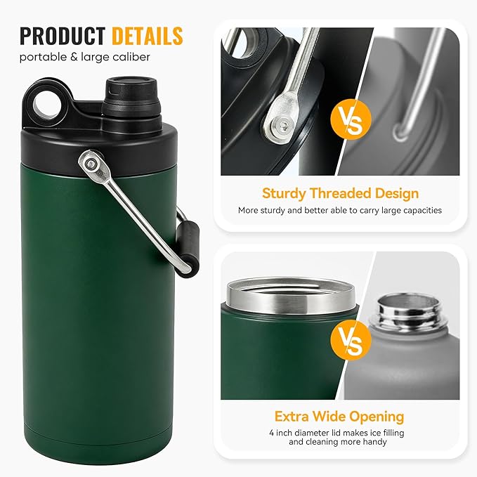 Kerilyn Insulated Half Gallon Jug with Handle, 64oz Stainless Steel, Large Double Vacuum Water Bottle for Hot & Cold Drinks, Wide Mouth, Sweat Proof, Great for Travel, Camping, Green