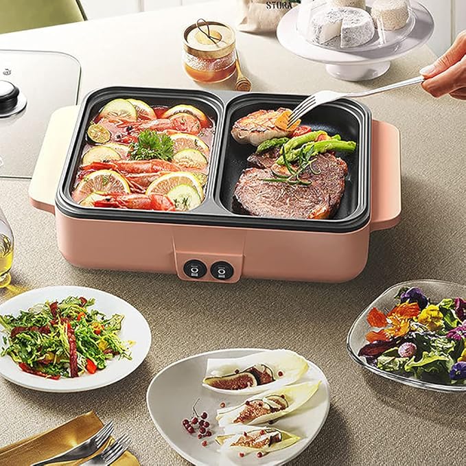 CNCEST 2 in 1 Portable Electric Hot Pot Barbecue Grill Non-Stick Teppanyaki Pan 110V Indoor Hotpot Grill Korean BBQ Combo (Pink)