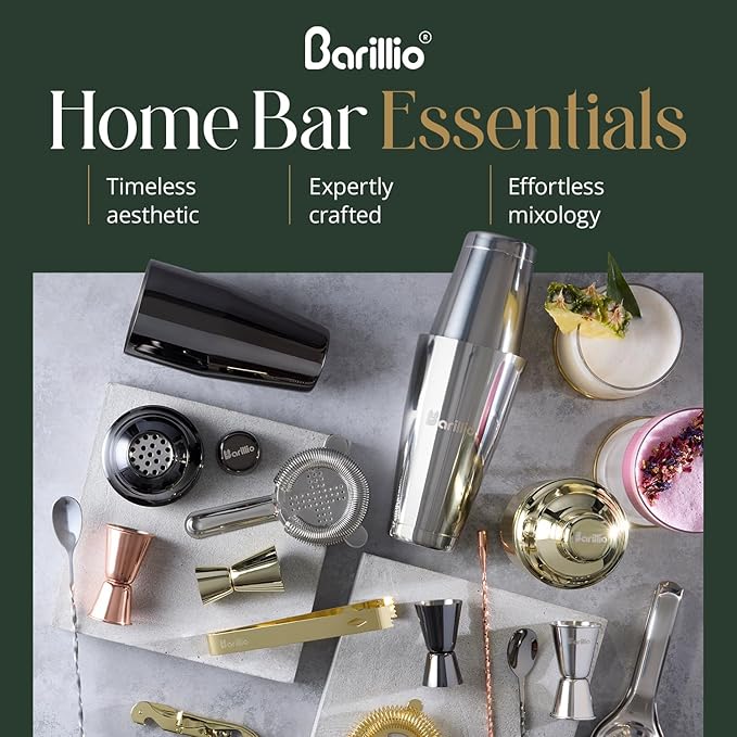 Barillio Rose Gold Bartender Kit - Stainless-Steel Cocktail Shaker Set w/Black Bamboo Stand - Mixology Bar Tools w/Drink Shaker, Mixer, Muddler for Cocktails - Home Bar Accessories - 23-Pc Bar Set