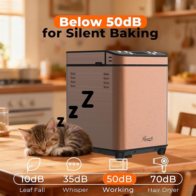 Rosewill 25-in-1 Automatic Bread Maker Machine with 3 Loaf Size up to 2 Lb, 700W High Power Dual Heater Bread Maker with BPA-free Nonstick Coating Pan, Max 15 Hours Delay Timer, Low Noise - Cinnamon