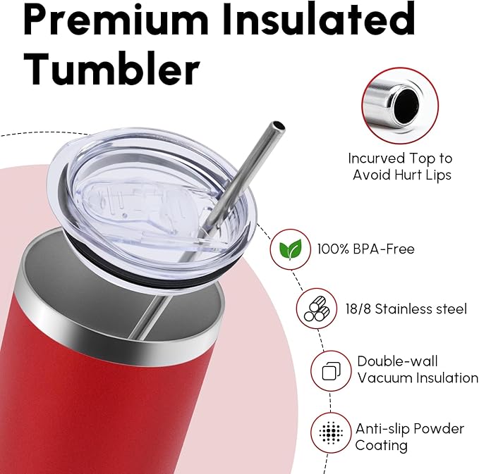 Volhoply 20 oz Skinny Tumbler with Lid and Straw, Stainless Steel Straight Tumblers Cup, Vacuum Insulated Coffee Mug for Home, Office, Travel, DIY (Red,1 Pack)