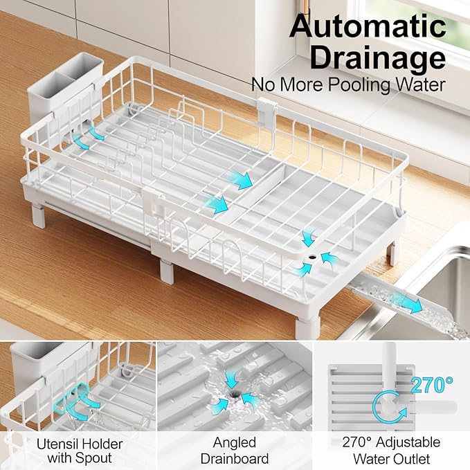 GSlife Expandable Dish Drying Rack for Kitchen Counter, Compact Space-Saving Dish Rack with Drainboard, Rustproof Dish Drainer for Small Kitchen, Apartment, RV, 12.2" W x 12"-20.5" L, White