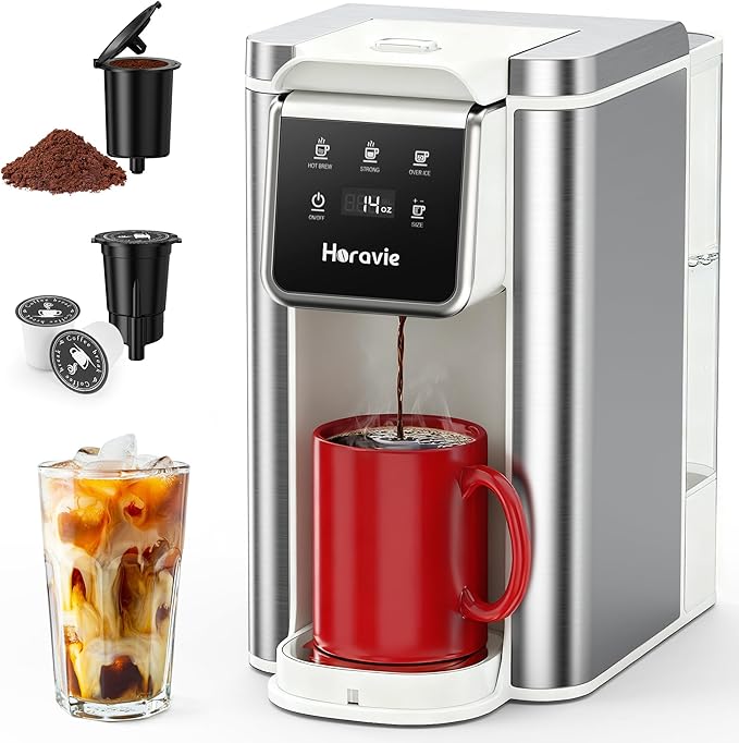 Horavie Single Serve Coffee Maker for K-Cup Pod & Grounds, Hot & Iced Coffee Maker, Strong Button Feature, 6 to 14oz Brew Sizes, 50oz Removable Reservoir, Fit 6.5" Mugs, Stainless Steel, White