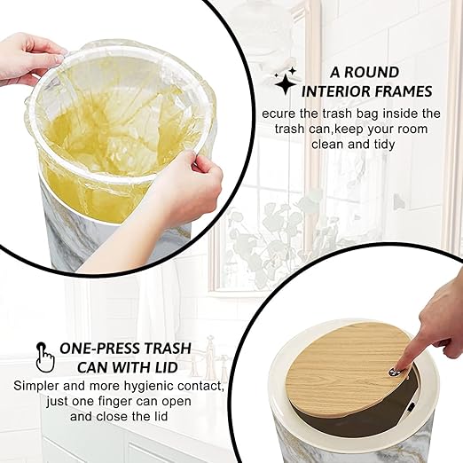 Trash Can with Lid White Gold Marble Texture Design Press Top Round Small Garbage Bin with Wooden Legs Waste Basket for Kitchen Bedroom Nursery 7L/1.8 Gallon
