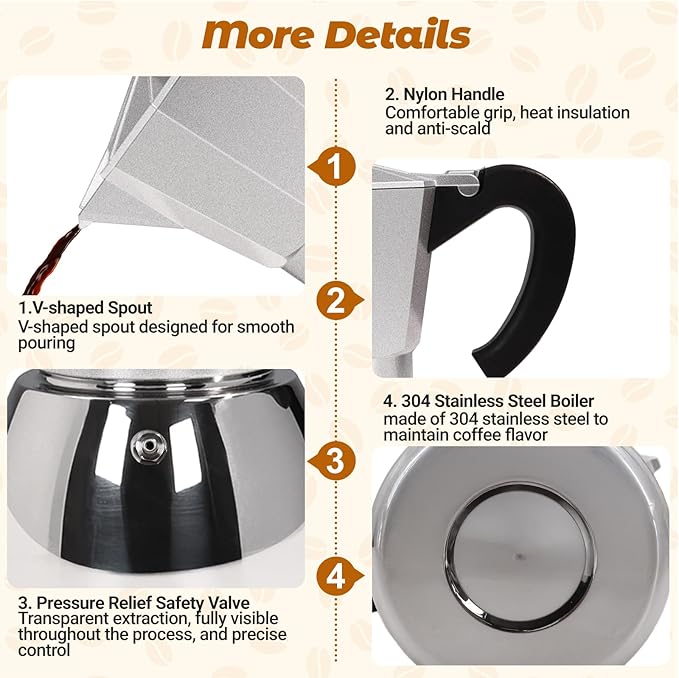 No Coating 4 Cup Aluminum and Stainless Steel Moka Pot Stovetop Espresso Maker Italian Coffee Machine 220ml 7.44oz Suitable for Gas Induction Stovetop Greca Coffee Maker Percolator Silver
