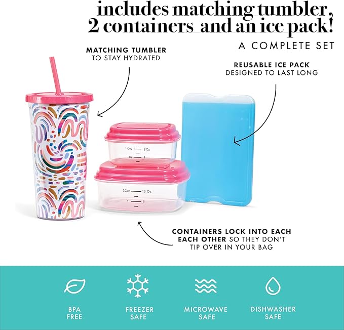 Fit & Fresh Lunch Bag For Women, Insulated Womens Lunch Bag For Work, Leakproof & Stain-Resistant Large Lunch Box For Women With Containers, Tumbler and Ice Pack, Zipper Closure Wichita Bag Rainbow
