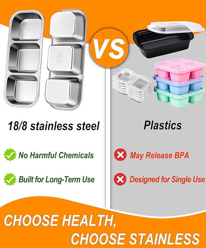 KTKUDY 3 Pack Stainless Steel Snack Container for Kids & Adults - Large - Leak-Proof 3-Compartment Stackable Snack Lunch Box for Daycare, School, Work & Travel