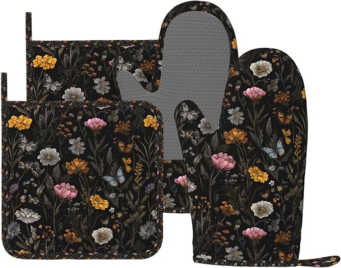 Oven Mitts and Pot Holders Flower Butterfly Boho Botanical Silicone Kitchen Accessories Set of 4 Heat Resistant Long Gloves Potholder Non-Slip Grip for Chef Baking Cooking Grilling BBQ